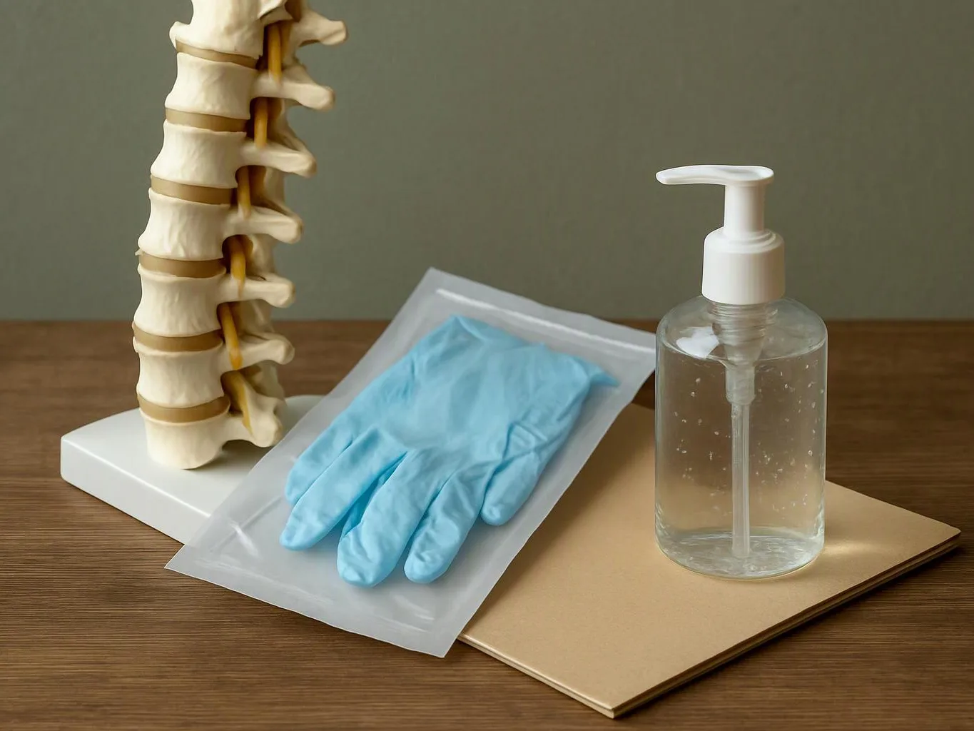 A spine model stands beside blue gloves and a pump bottle of clear gel on a wooden table