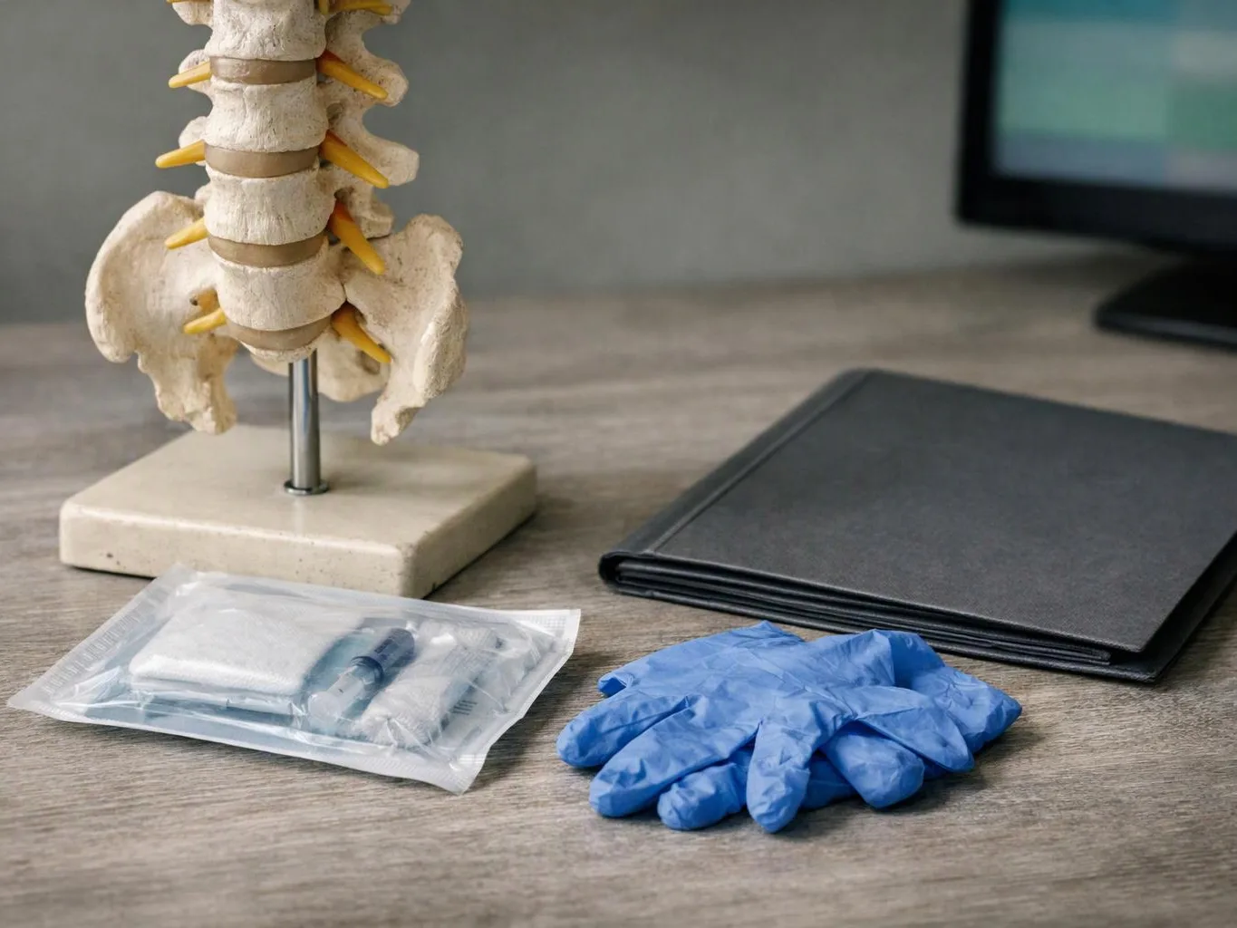 A spine model stands beside blue gloves, a sealed medical kit, and a black folder on a desk