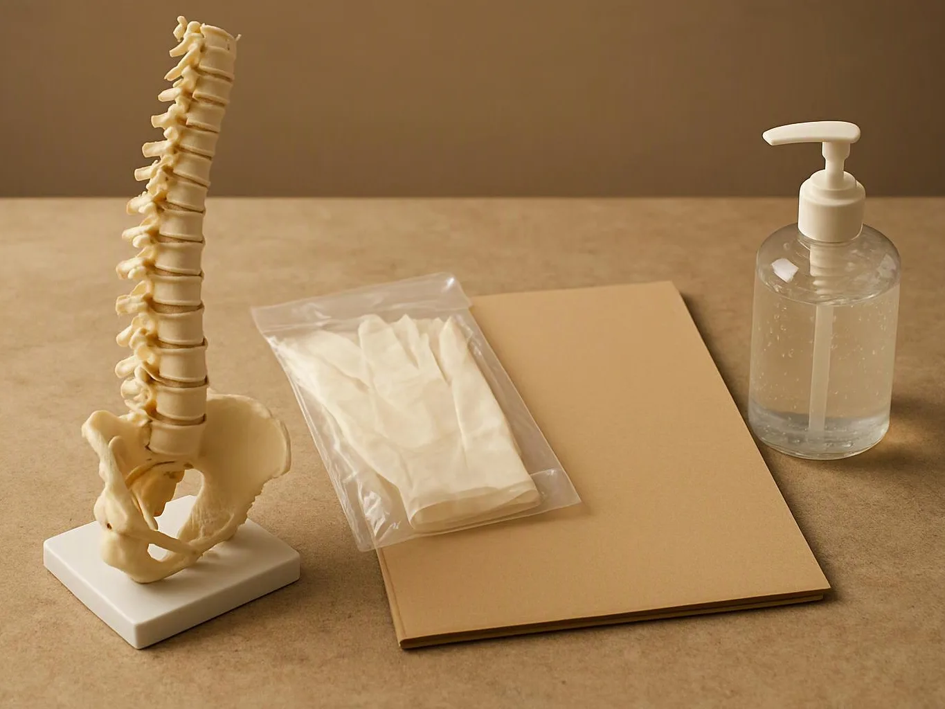 A spine model stands beside a glove packet, a folder, and a pump bottle on a tan tabletop