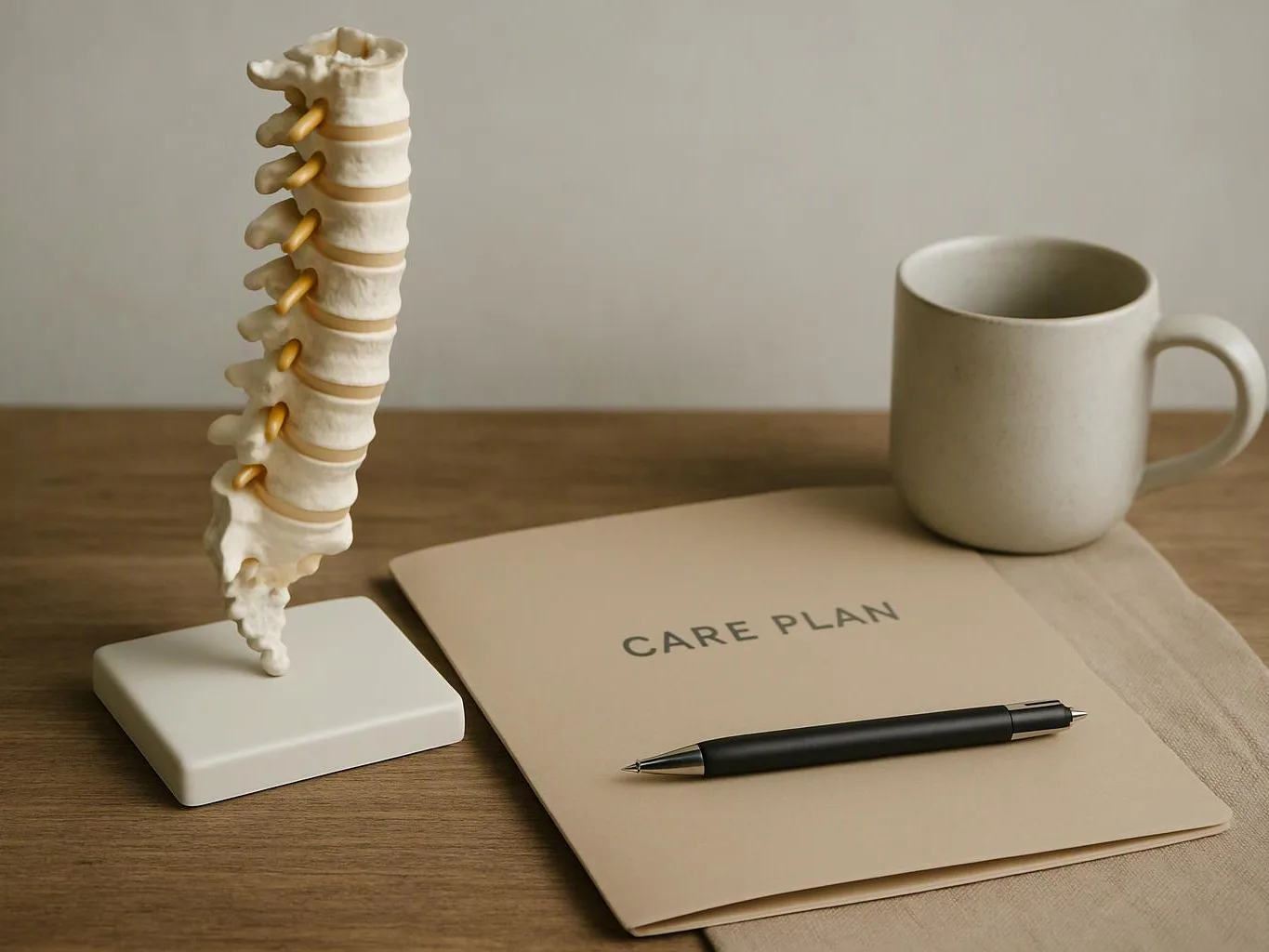 A spine model stands beside a mug, a pen, and a folder labeled “CARE PLAN” on a wooden table