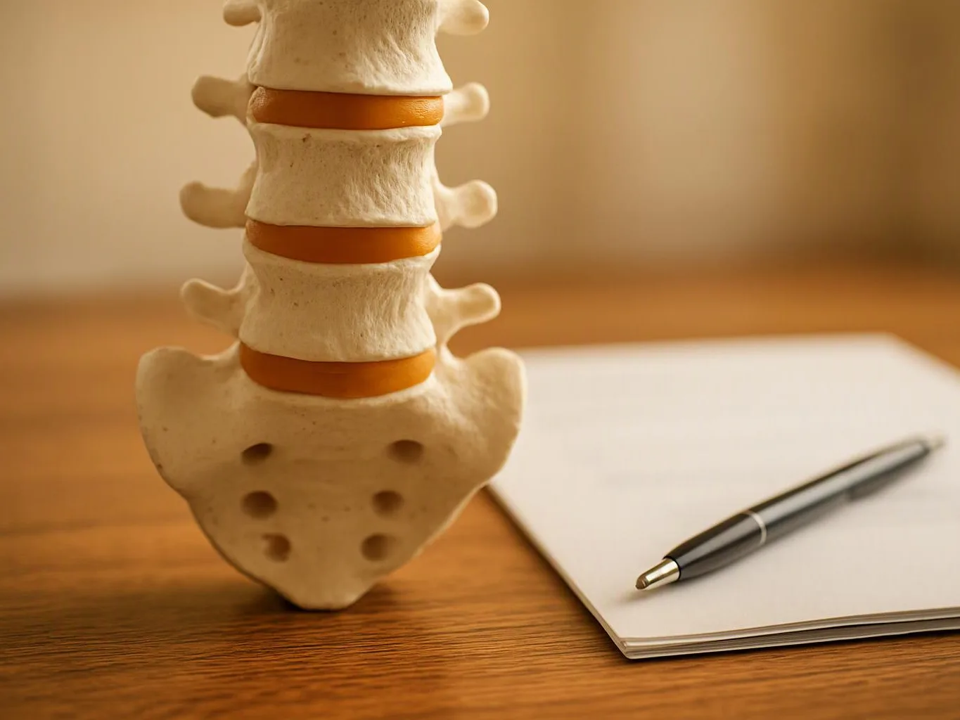 A spine model stands beside a notepad and pen on a wooden desk
