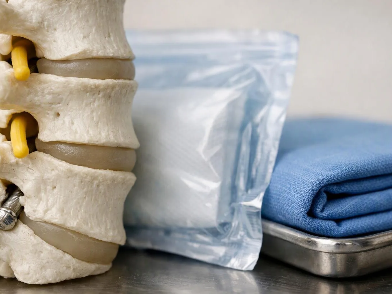A spine model stands beside a sealed ice pack and folded blue towel on a metal tray