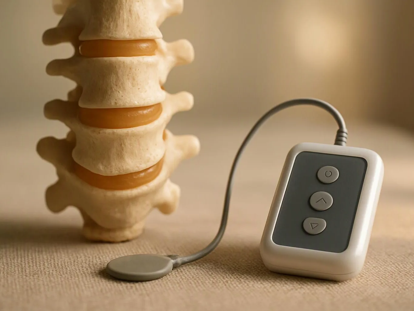A spine model stands beside a wired handheld remote with three buttons on a beige surface