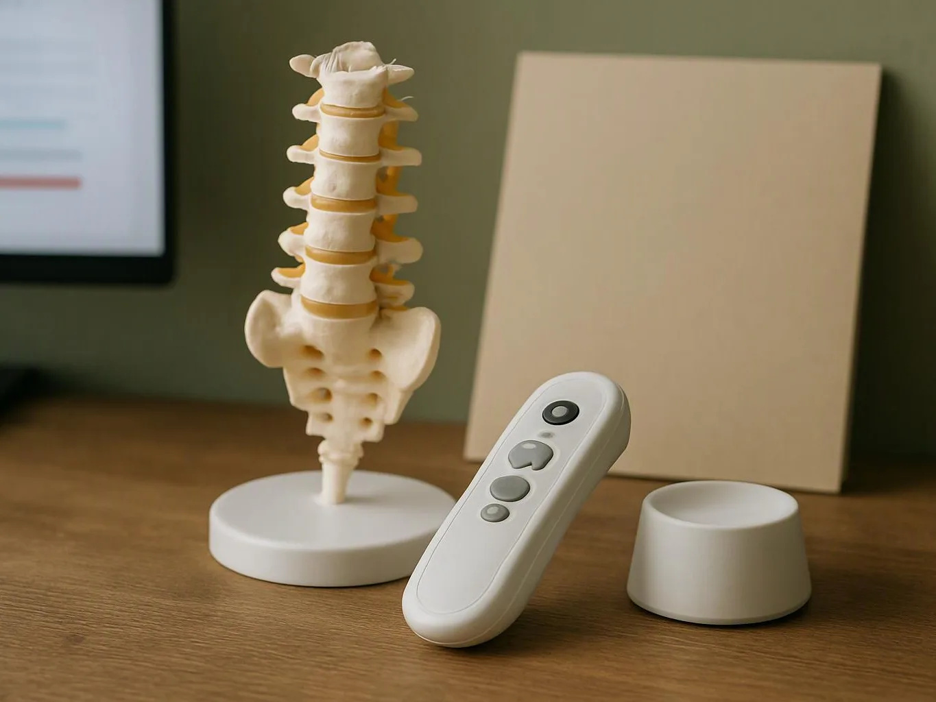 A spine model stands on a desk beside a remote control, small cup, and blank board