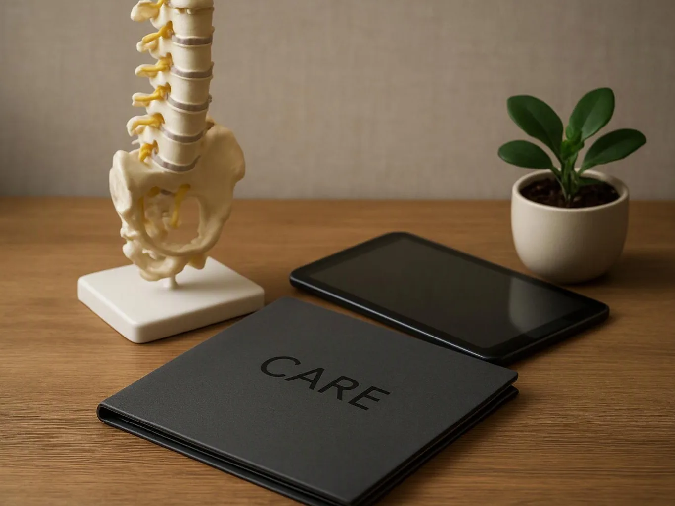 A spine model, tablet, care booklet, and small potted plant sit on a wooden table