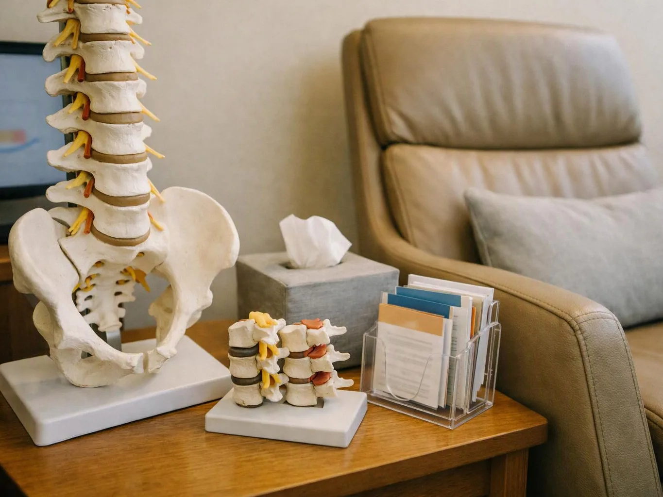 A spine model, tissue box, and brochure holder sit on a wooden side table beside a beige chair