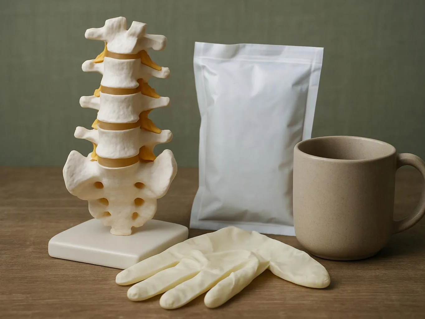 A spine model, white gloves, a blank pouch, and a beige mug sit on a wooden table
