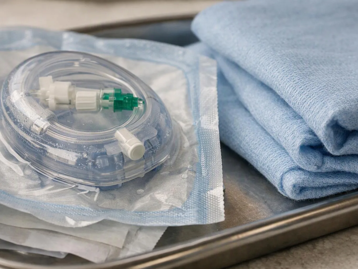 Sterile medical tubing rests on a tray beside folded blue surgical cloths