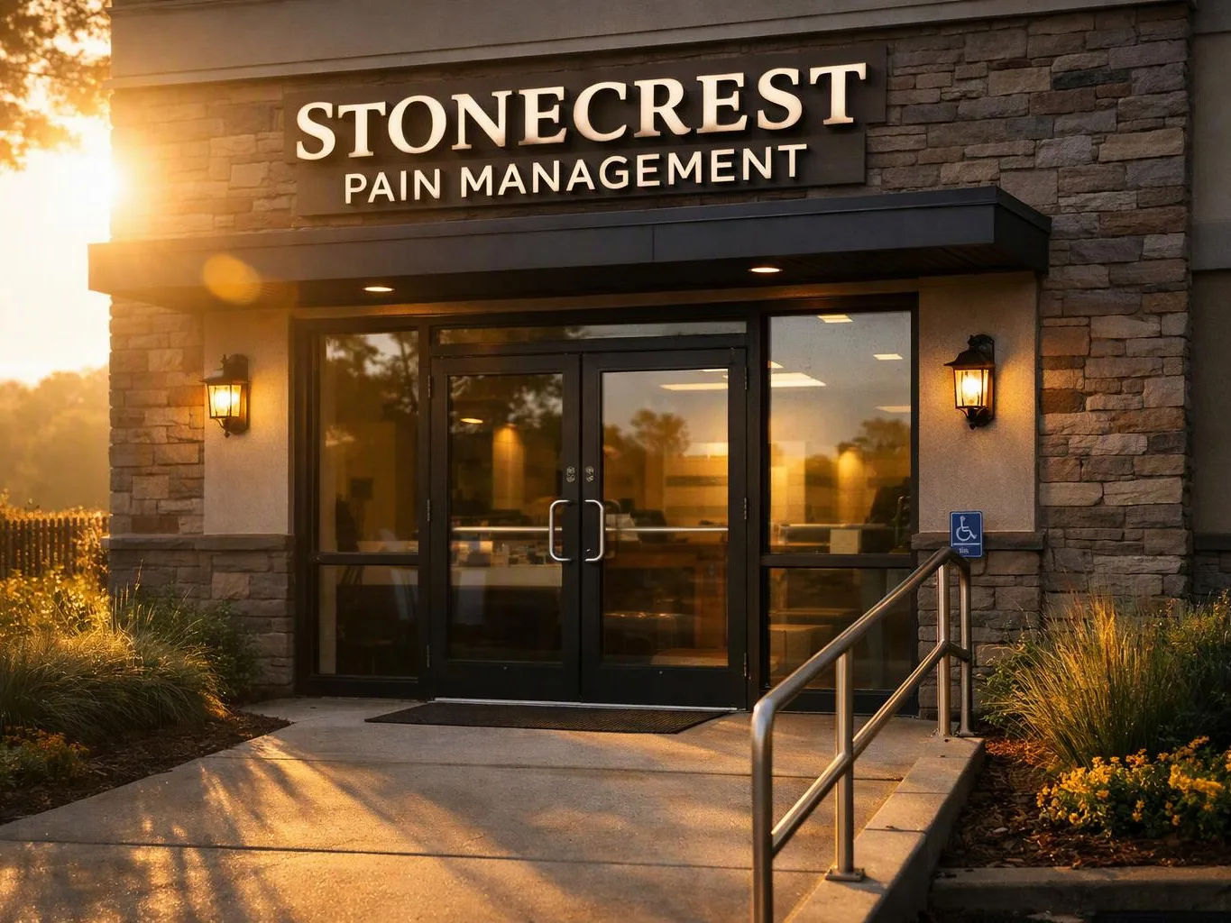Sunlight hits a stone clinic entrance with glass doors, wall lanterns, and a ramped handrail