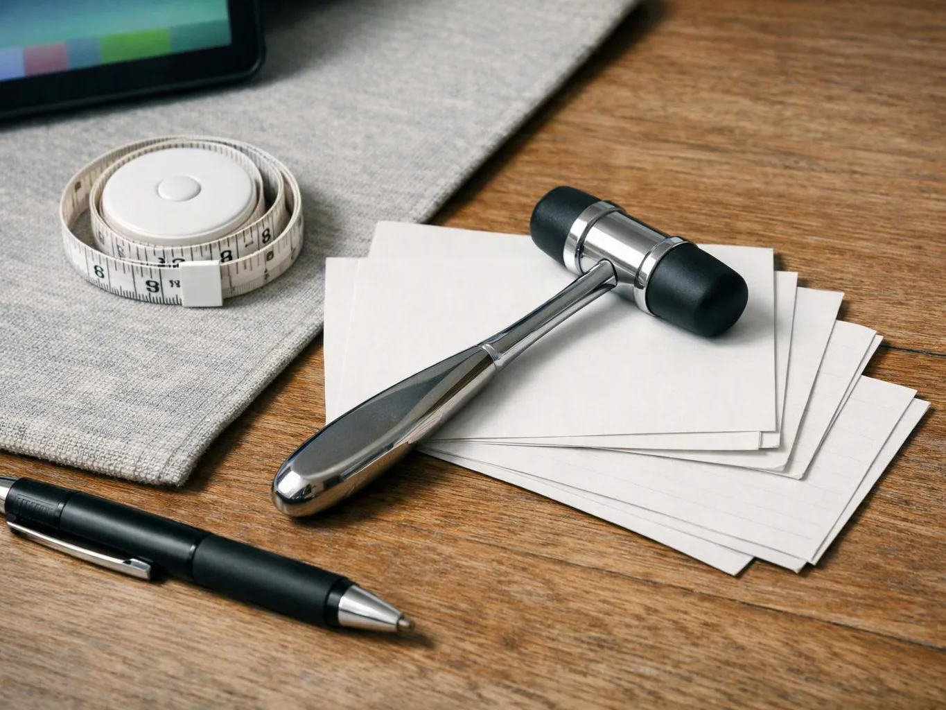 A tape measure, pen, and reflex hammer rest on paper cards and a gray cloth on a wooden table