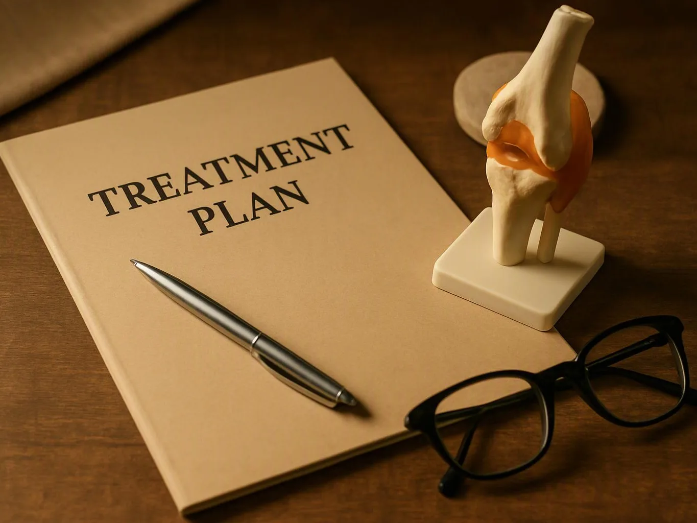 A treatment plan booklet sits on a desk beside a pen, eyeglasses, and a knee joint model