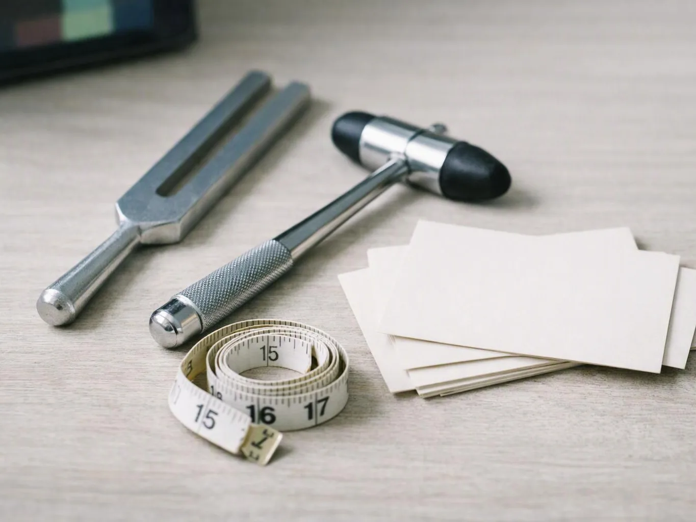 A tuning fork, reflex hammer, measuring tape, and blank cards lie on a light tabletop