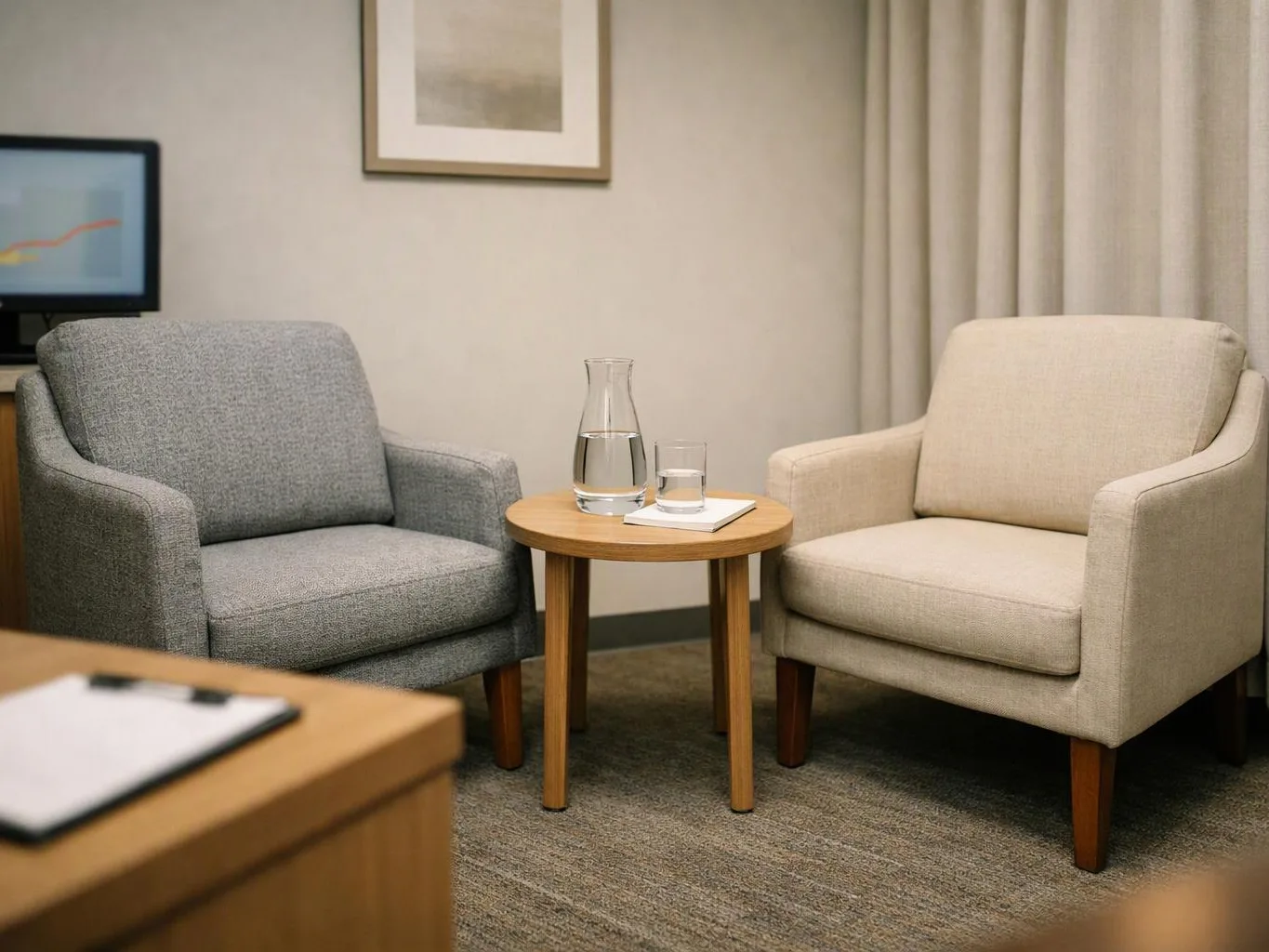 Two armchairs face a small round table with water in a calm, modern waiting room