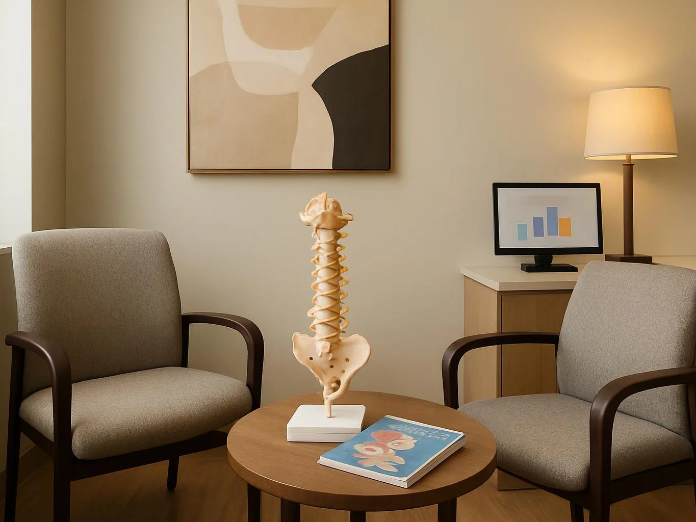 Two beige armchairs face a round table holding a spine model and a blue book in a calm office corner