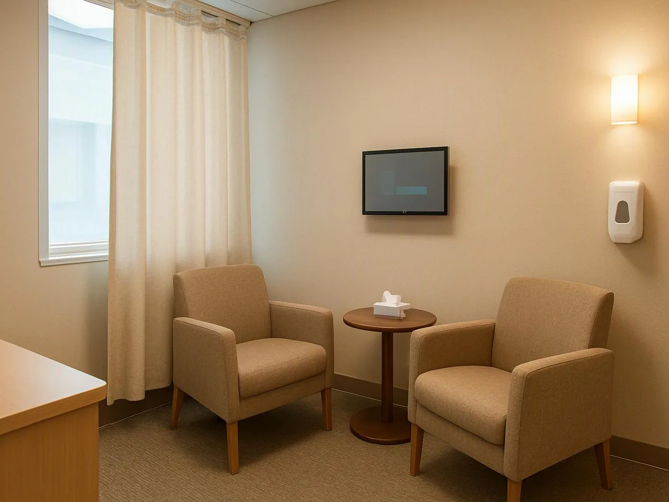 Two beige armchairs sit beside a small round table in a softly lit waiting room