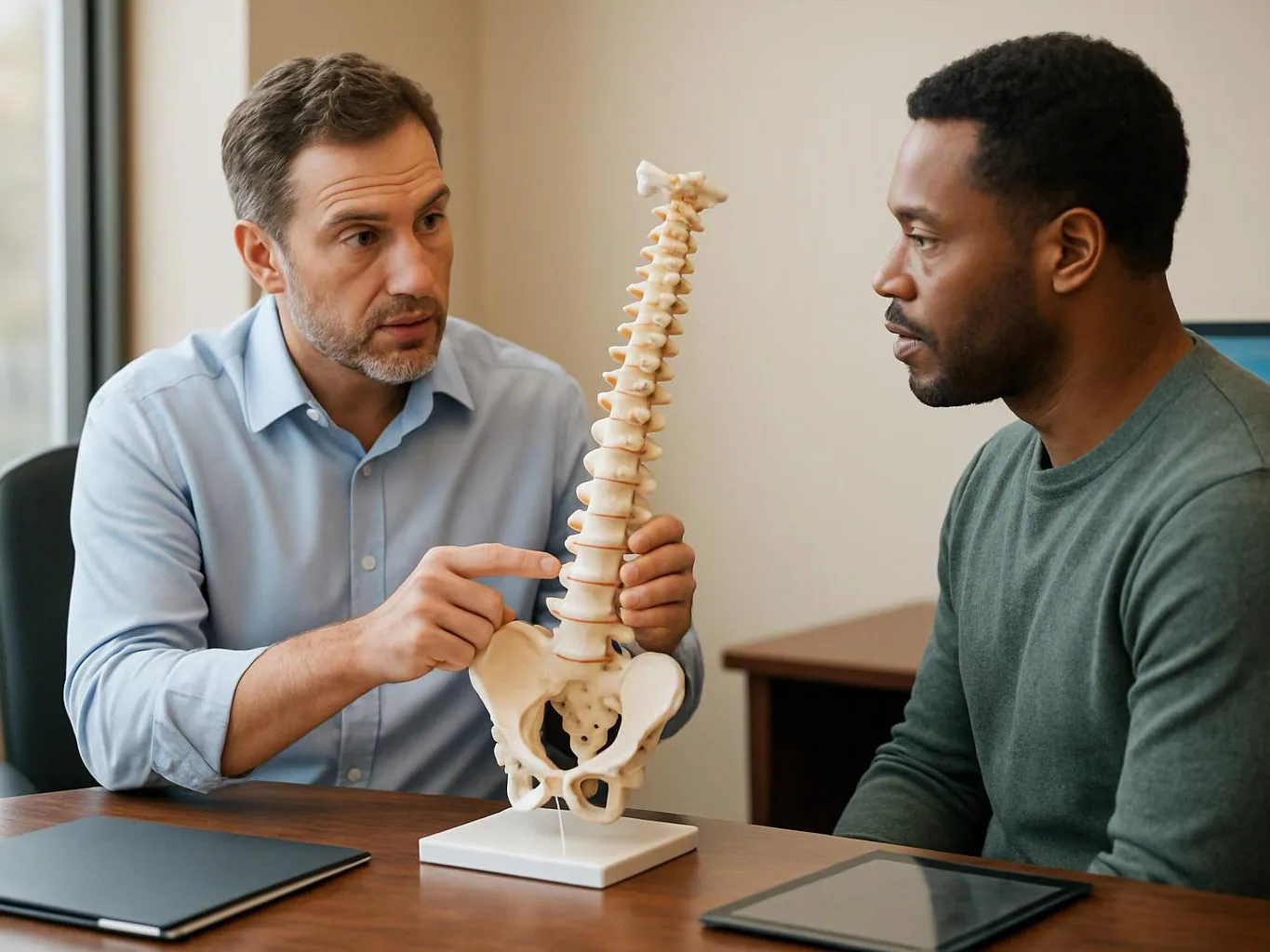 Two men discuss a spine model at a desk in a bright office room