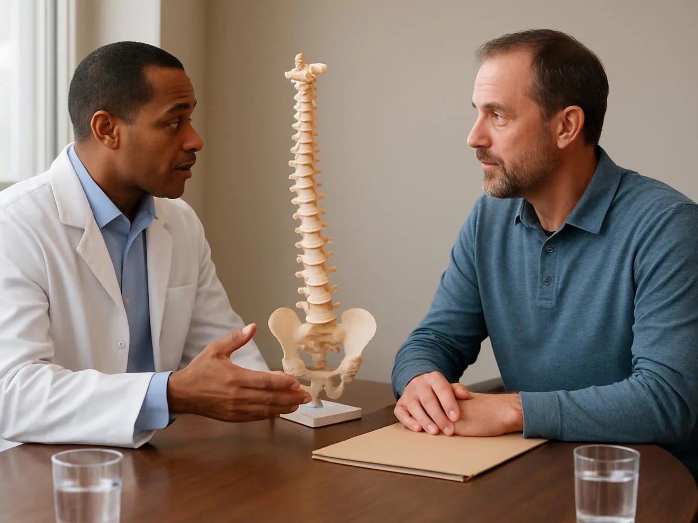 Two men sit at a table, talking beside a spine model in a bright office room