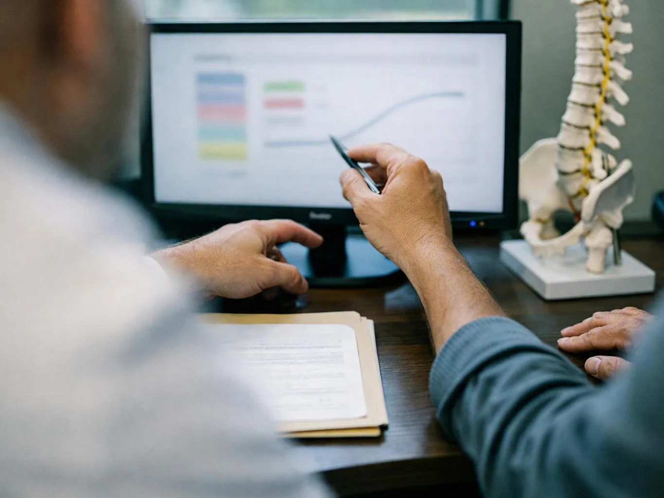 Two people review a blurred medical chart on a monitor beside a spine model on a desk