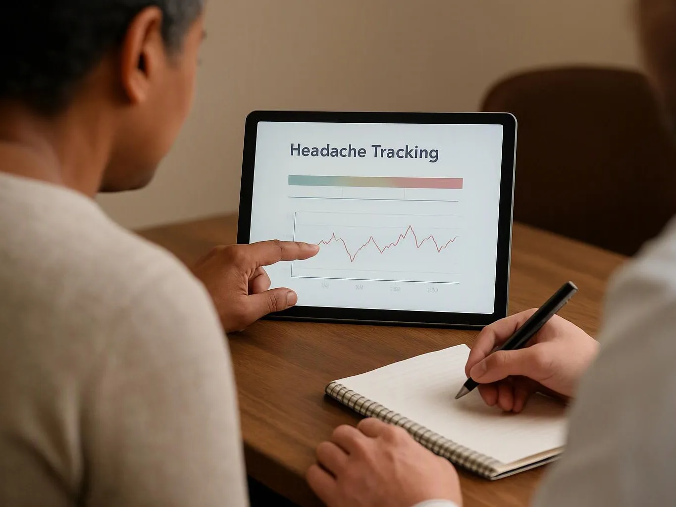 Two people review a tablet showing “Headache Tracking” and a line chart while one writes in a notebook
