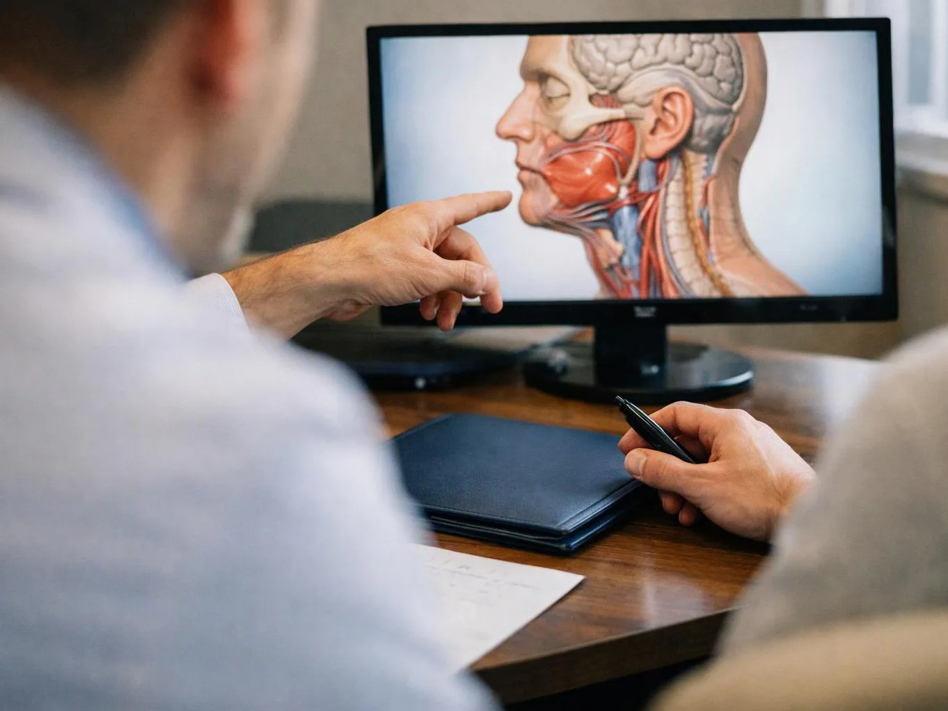 Two people study a medical anatomy image on a desktop monitor while one points and the other holds a pen