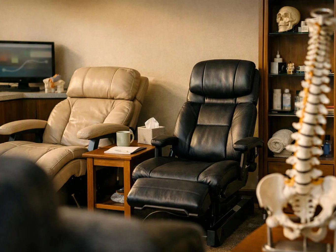 Two recliner chairs sit beside a small table in a calm therapy room