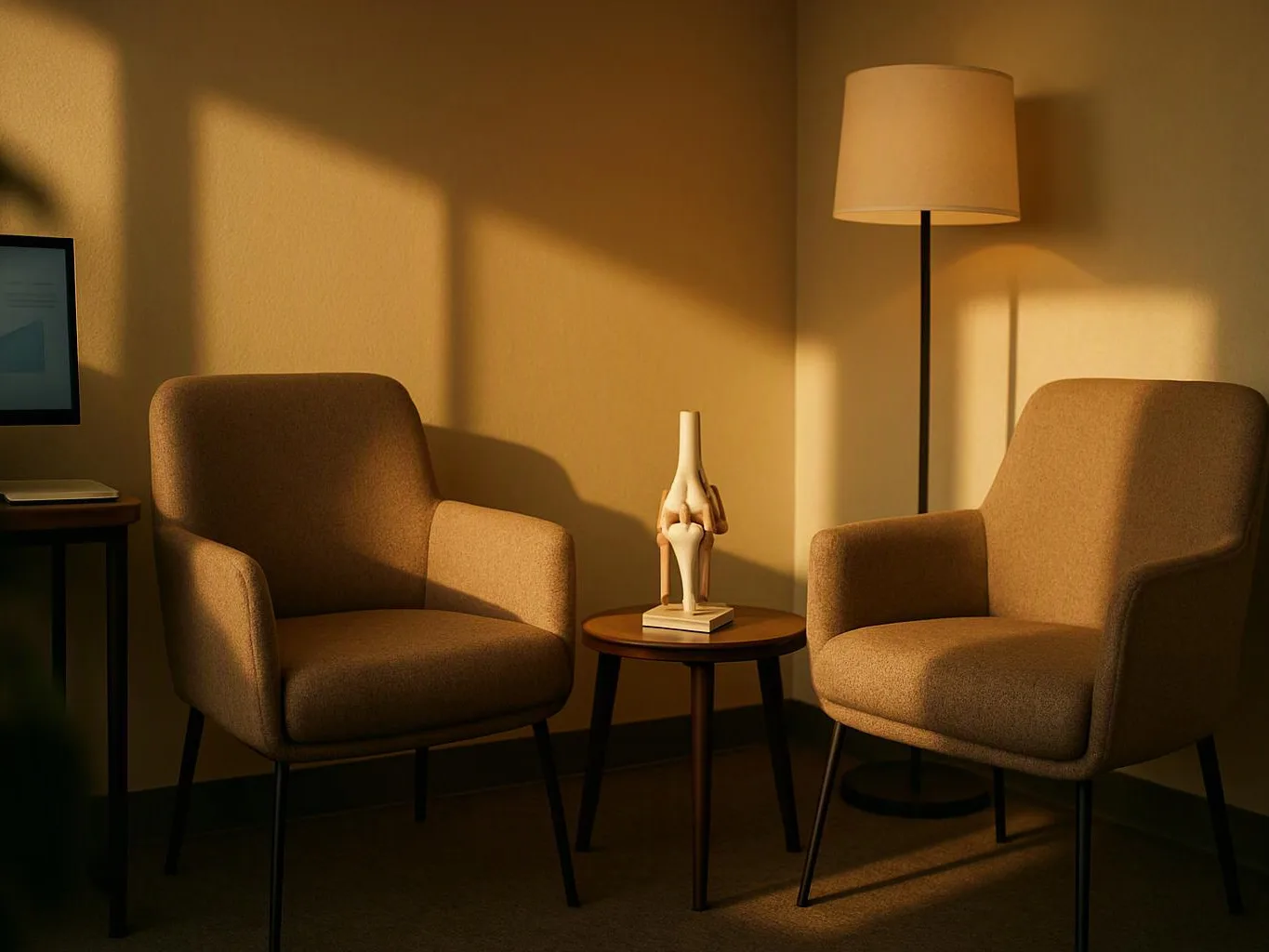 Two tan armchairs flank a small round table with a sculpture in a warm-lit room