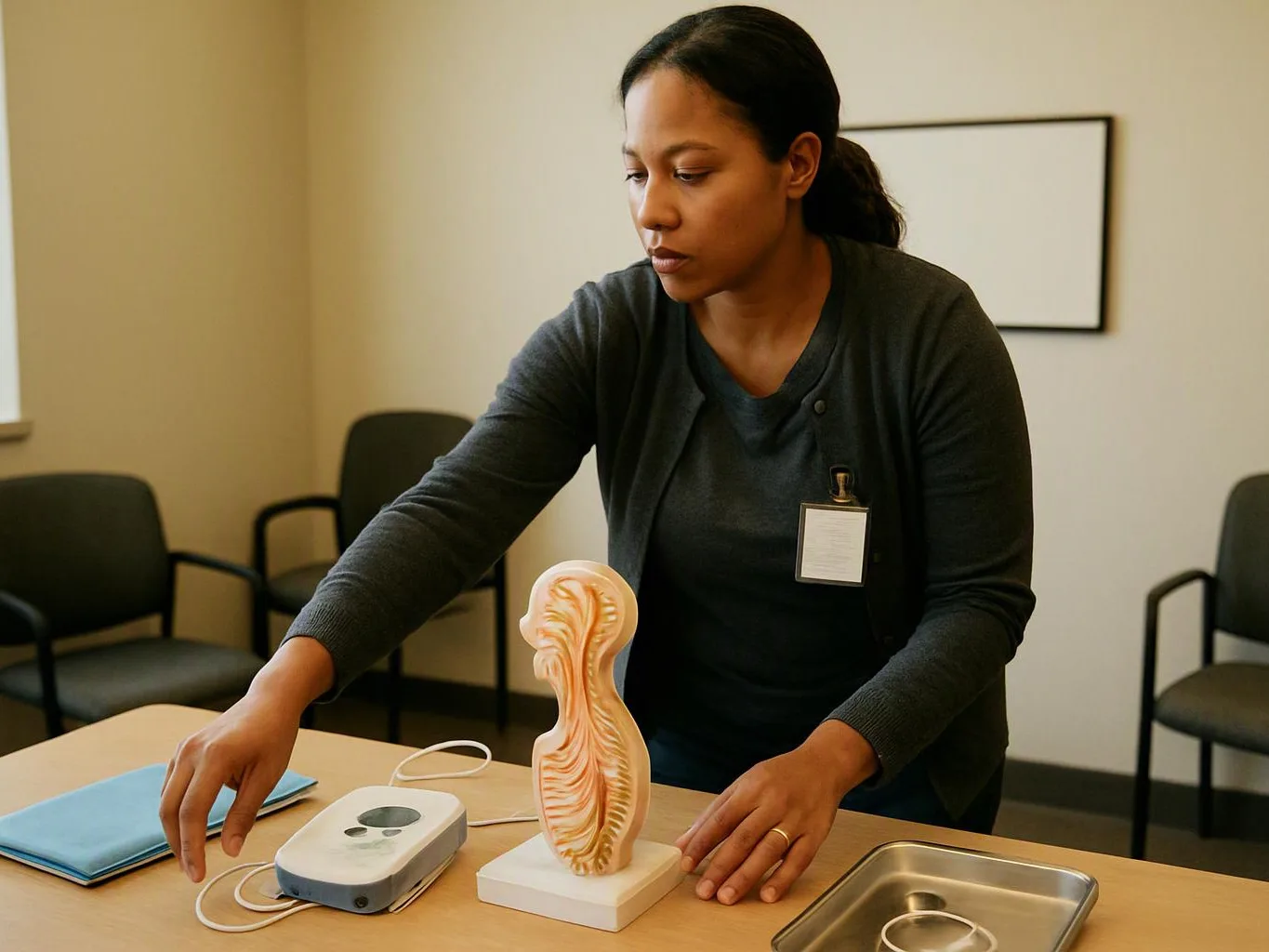 A woman arranges a medical model and small device on a table in a waiting room