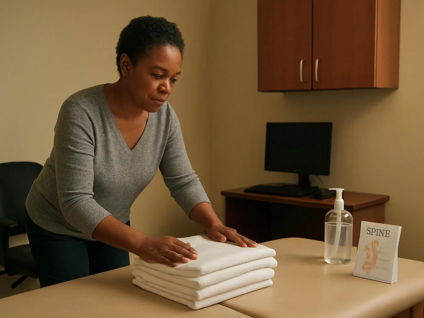 A woman folds white towels on a treatment table in a small office room