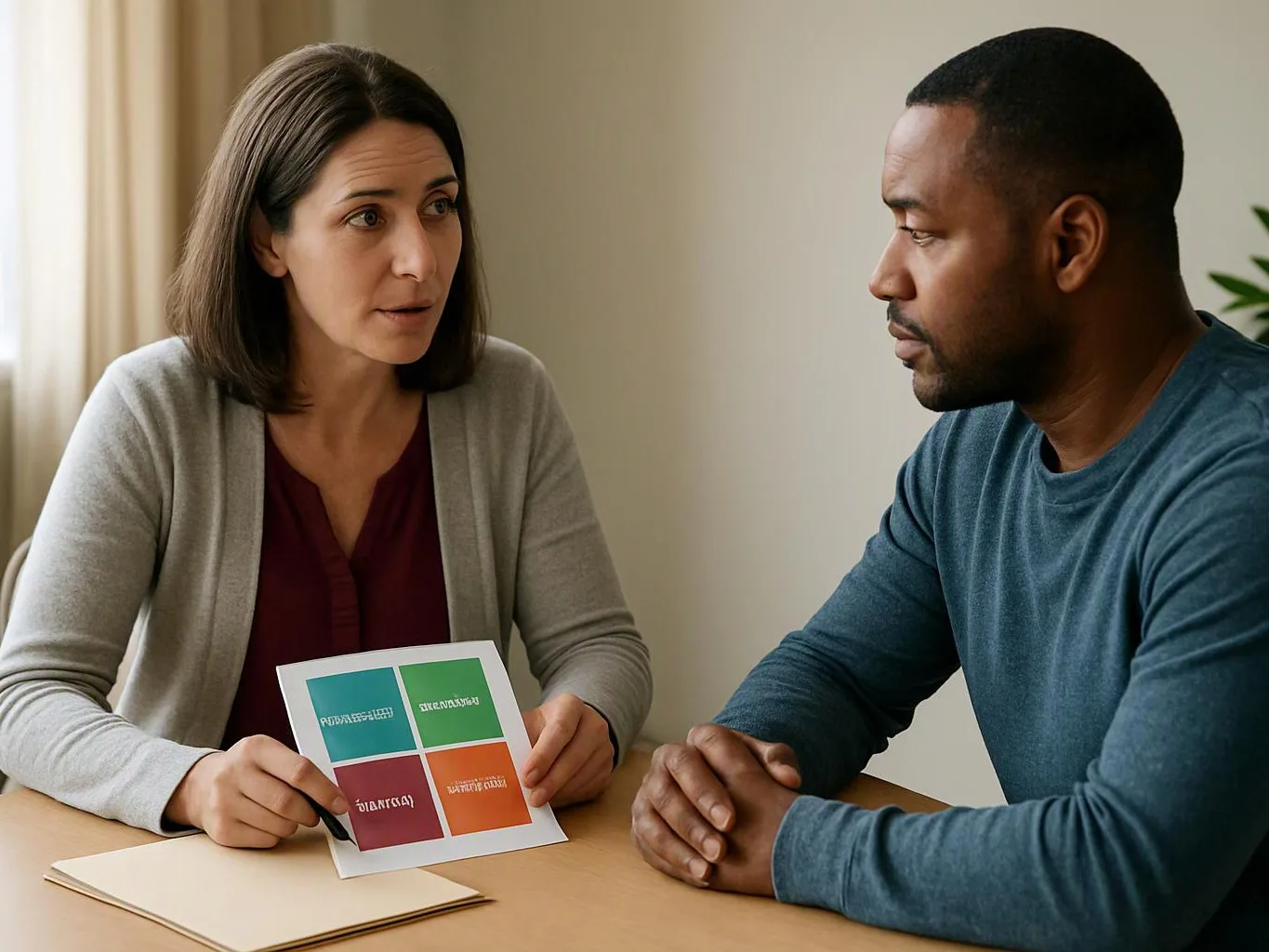 A woman shows a color-coded sheet to a man during a serious conversation at a table