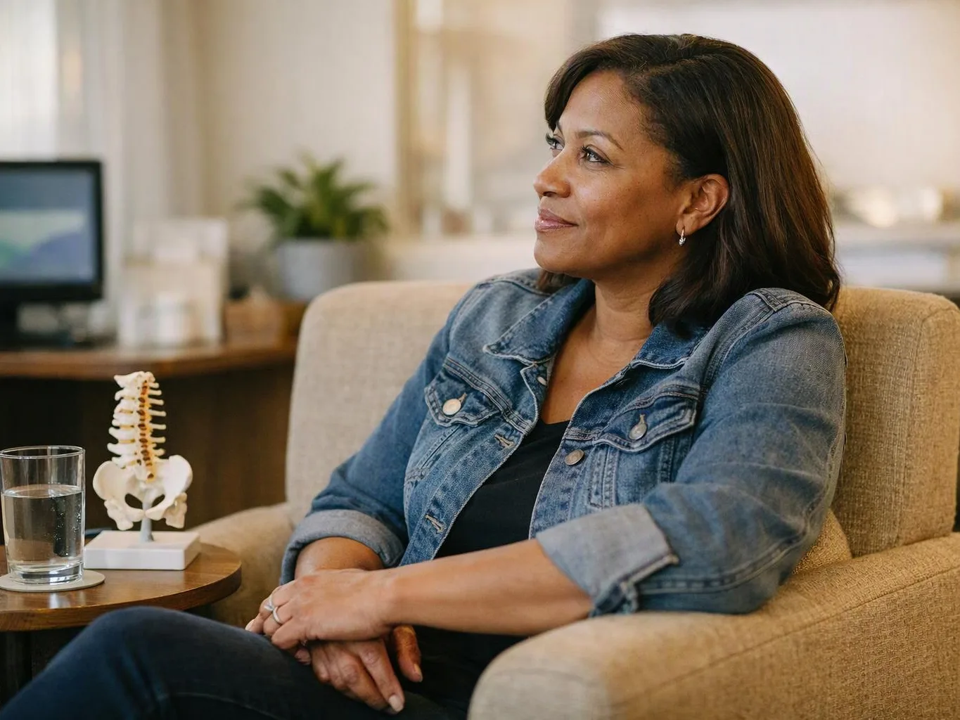 A woman sits in a beige chair beside a table with a water glass and spine model, looking right