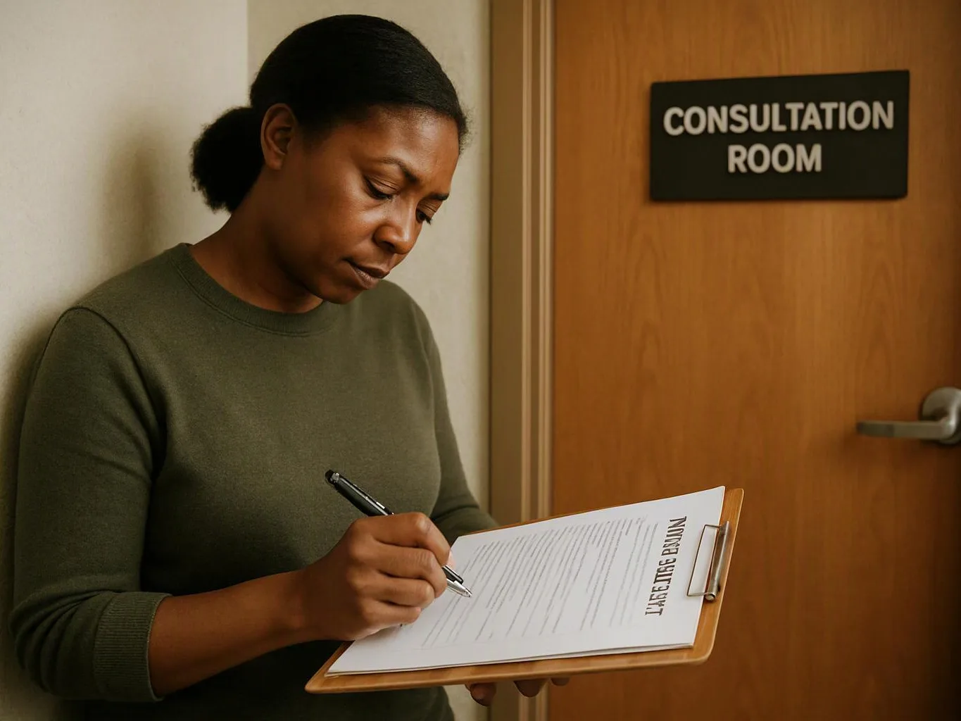 A woman writes on a clipboard beside a door marked “CONSULTATION ROOM”