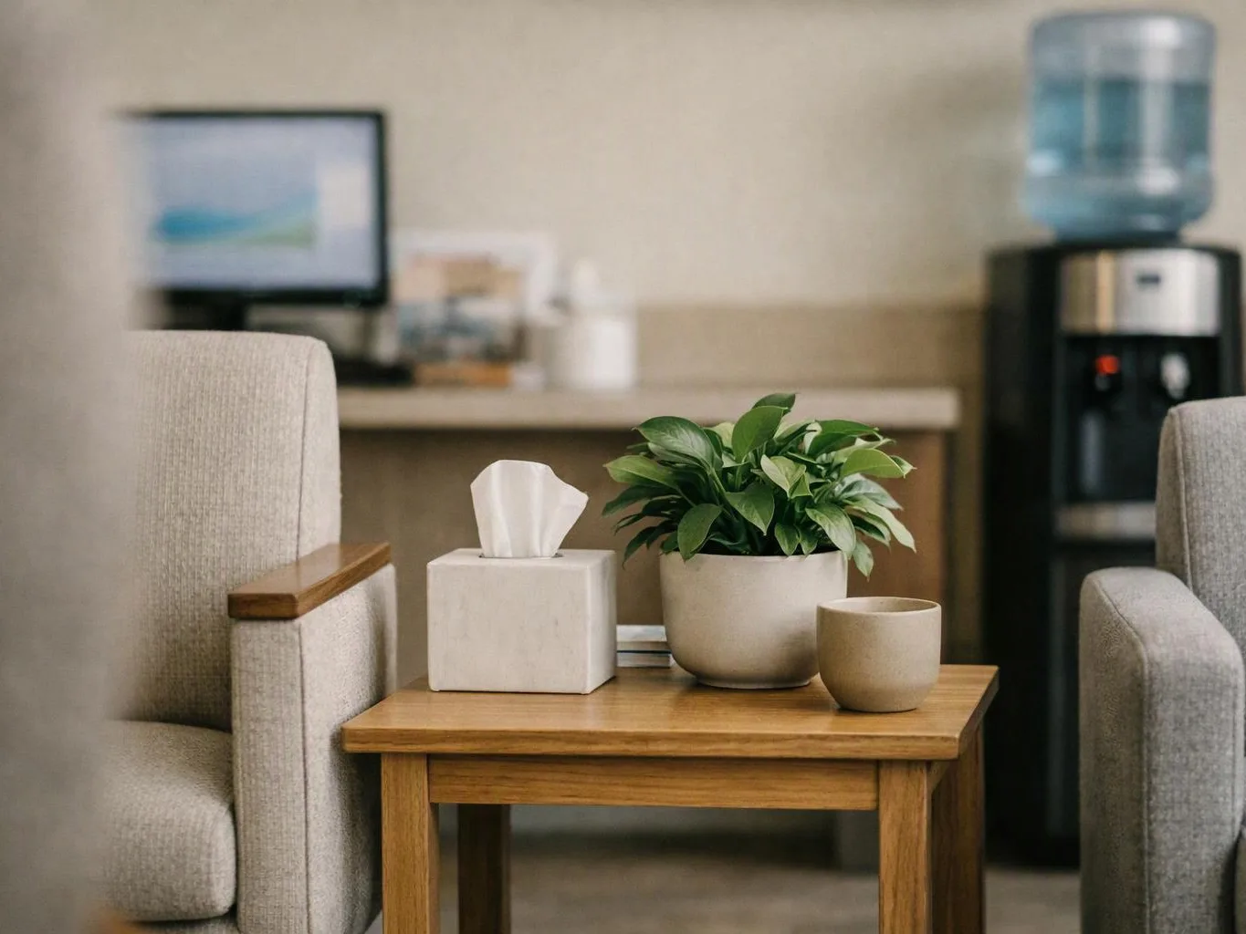 A wooden side table holds a tissue box, potted plant, and small cup between two gray armchairs in a waiting room